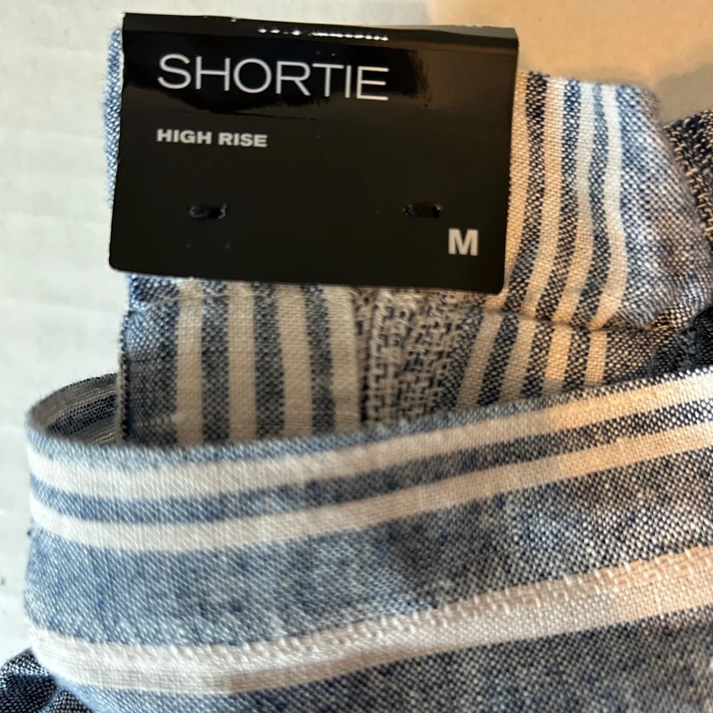 Express “Shortie” high waisted shorts blue/white stripes size medium tie… - Picture 4 of 7